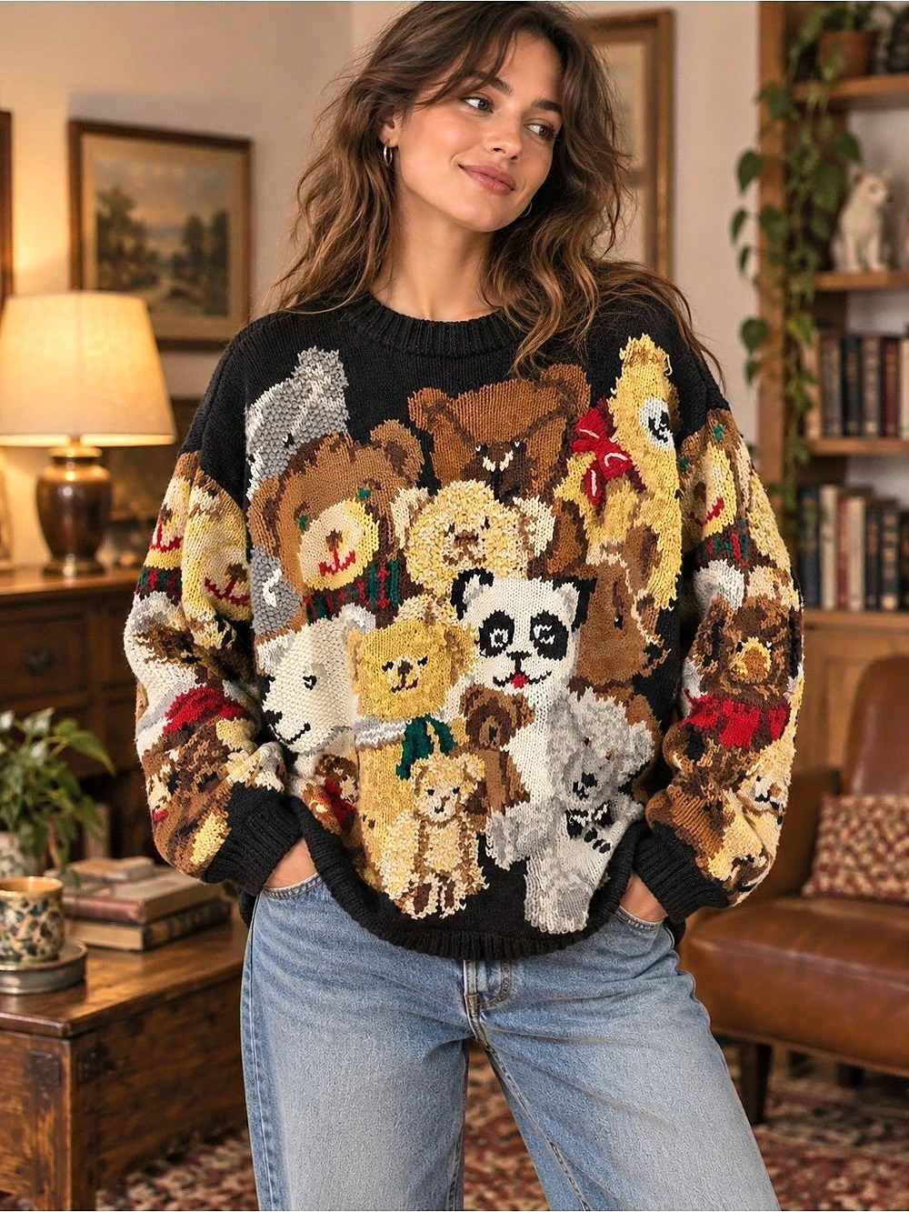 The Eagle’s Eye Animal Face Knit Sweater L Ramie Cotton Teddy Bear Oversized